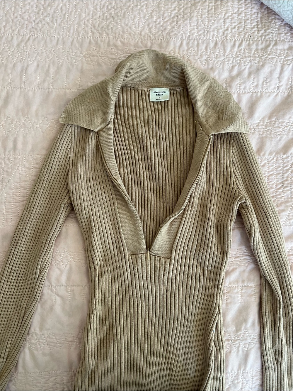 Abercrombie & Fitch Women's Ribbed Zip Up Sweater Bodysuit in Beige